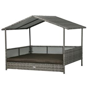 Outdoor Dog Bed with Canopy, Rattan Dog Bed with Soft Cushion Removable Cover for Medium and Large Dogs, Charcoal Gray