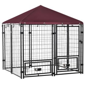 Outdoor Dog Kennel with Rotating Bowl Holders, Pet Playpen with Waterproof Cover, 4.6' x 4.6' x 5', Red