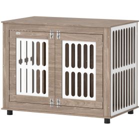 39" Dog Crate Furniture with 2 Doors, Adjustable Non-slip Foot Mats, for Large Dogs, Walnut Brown