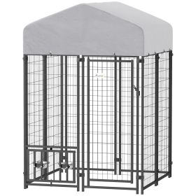 Welded Wire Outdoor Dog Kennel with 360° Rotating & 4 Levels Adjustable Bowls, Waterproof Cover, 3.9' x 3.9' x 6'
