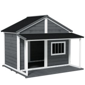 PawHut Outdoor Dog House Cabin Style for Medium/Large Dogs, Wooden Raised Pet Kennel with Asphalt Roof,Loading 53 lbs., Gray